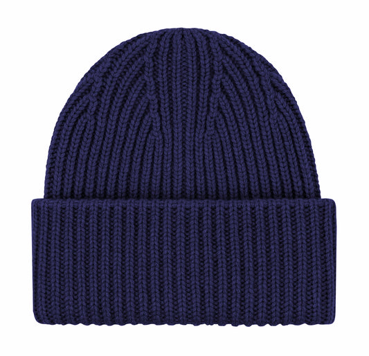 Women's thick rib cashmere beanie in Navy