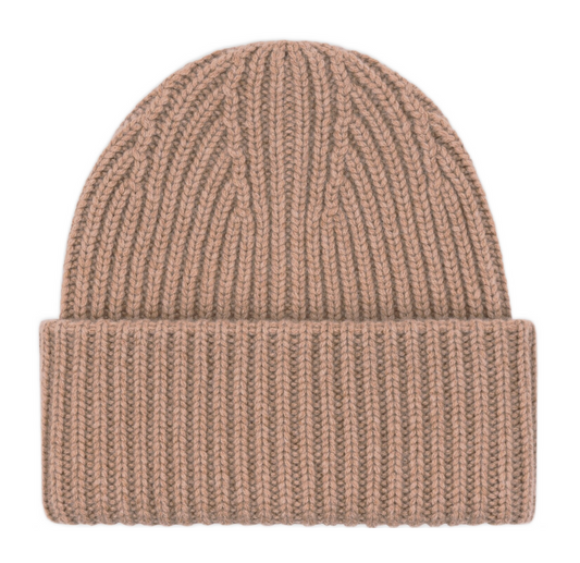 Women's thick rib cashmere beanie in Toast