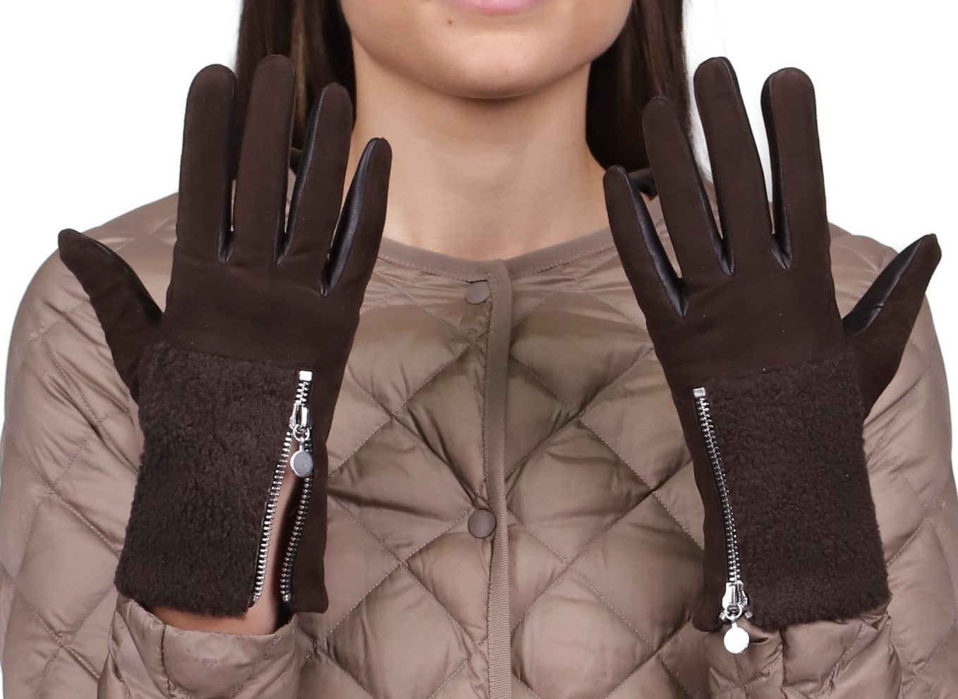 Suede leather shearling zipper glove