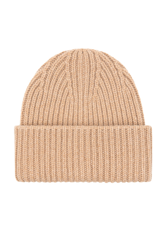 Women's thick rib cashmere beanie in Camel