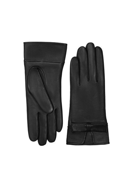 Women's wrist length leather glove with a bow in Black