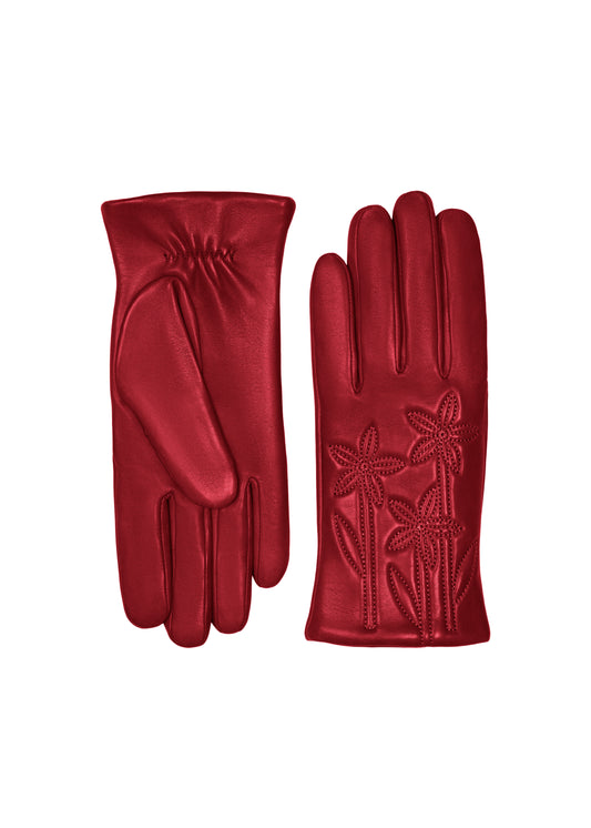 Women's flower embroidery leather wrist length glove in Red