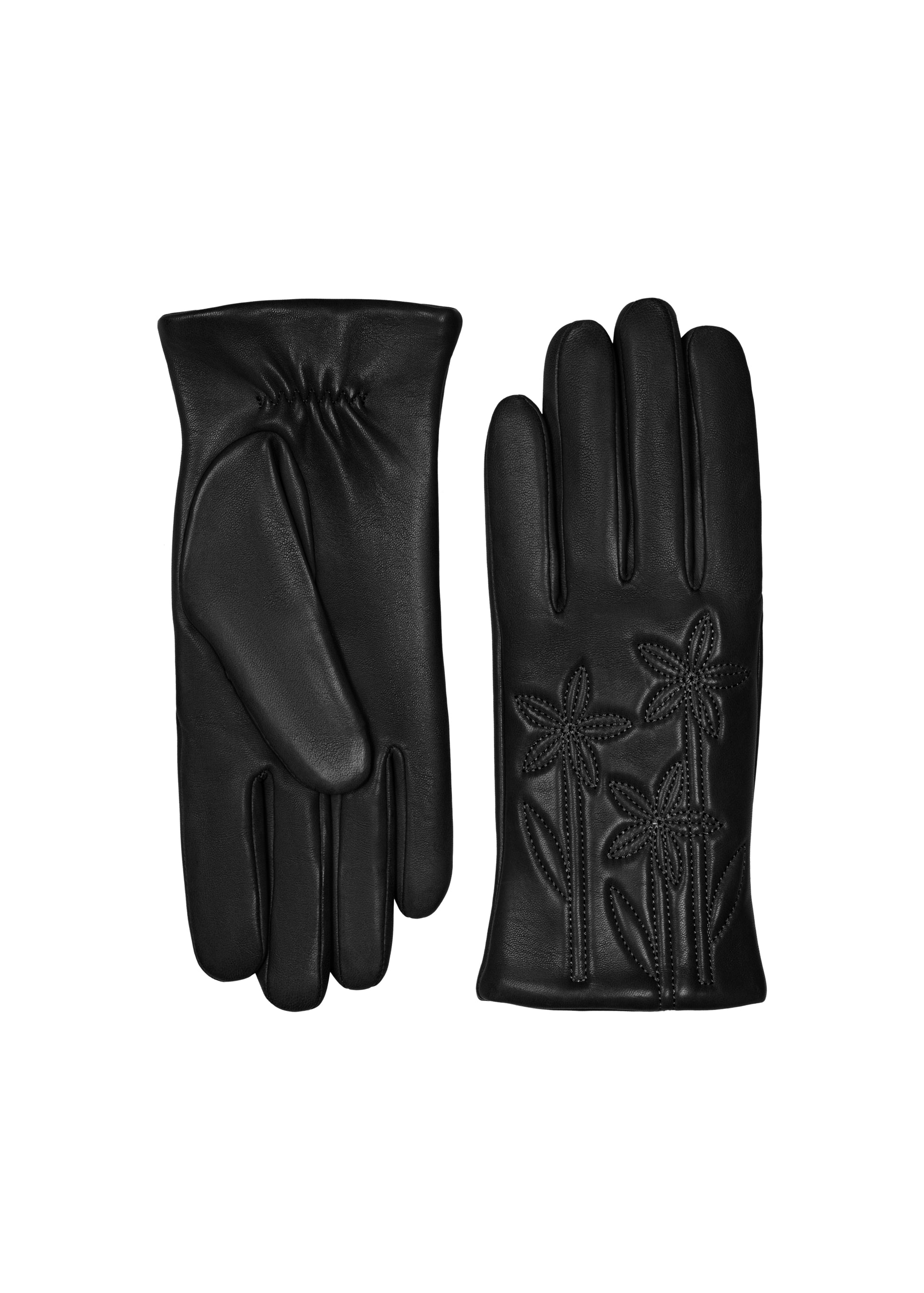 Women's flower embroidery leather wrist length glove in Black