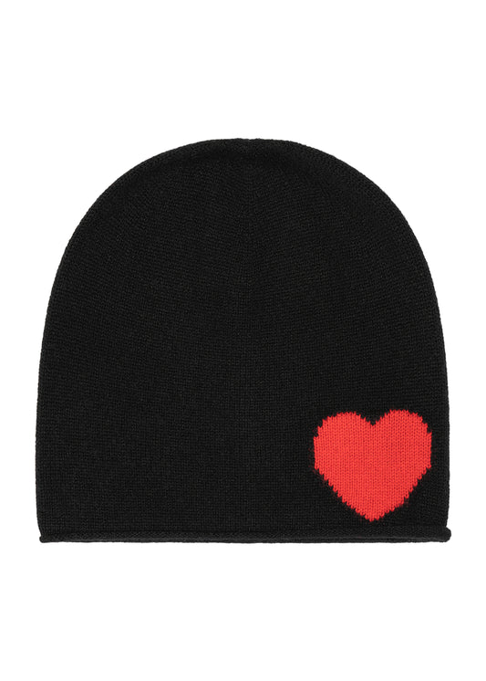 Women's cashmere blend black beanie with a red heart